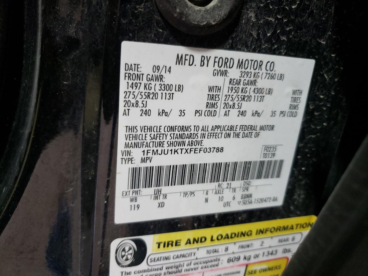 2015 Ford Expedition VIN 1FMJU1KTXFEF03788 Copart auction photo, front end / side damage thumbnail 14
