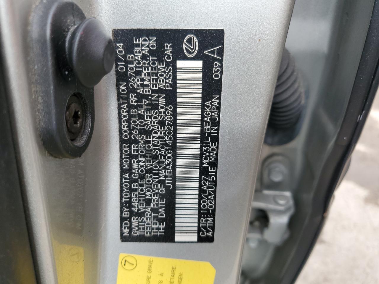 2004 Lexus ES VIN JTHBA30G145027896 Copart auction photo, all over damage thumbnail 12