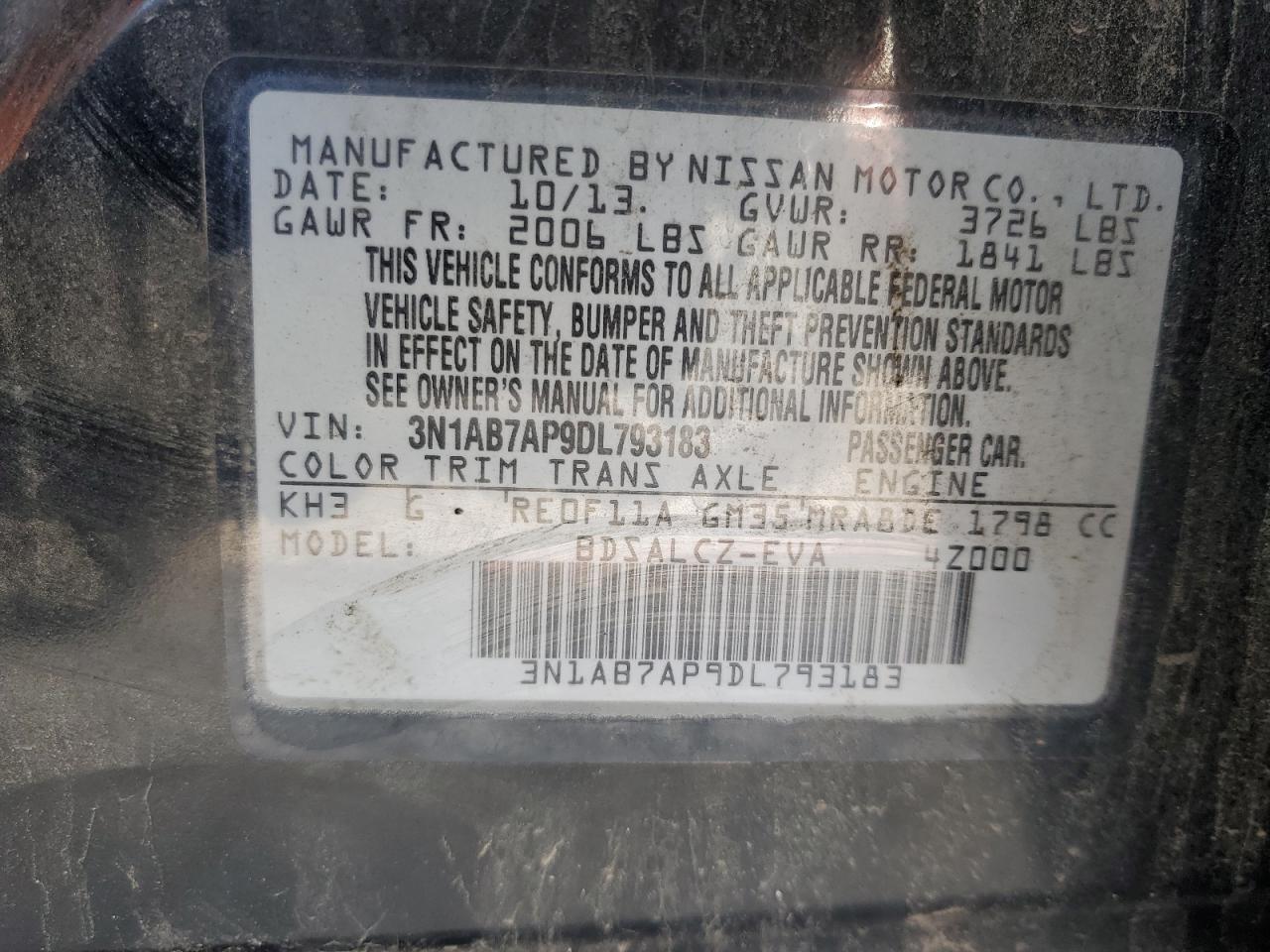 2013 Nissan Sentra VIN 3N1AB7AP9DL793183 Copart auction photo, front end damage thumbnail 12