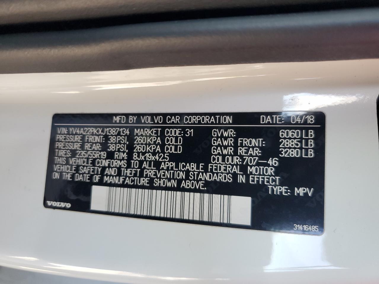 2018 Volvo XC90 VIN YV4A22PKXJ1387134 Copart auction photo, rear end / minor dent/scratches damage thumbnail 13