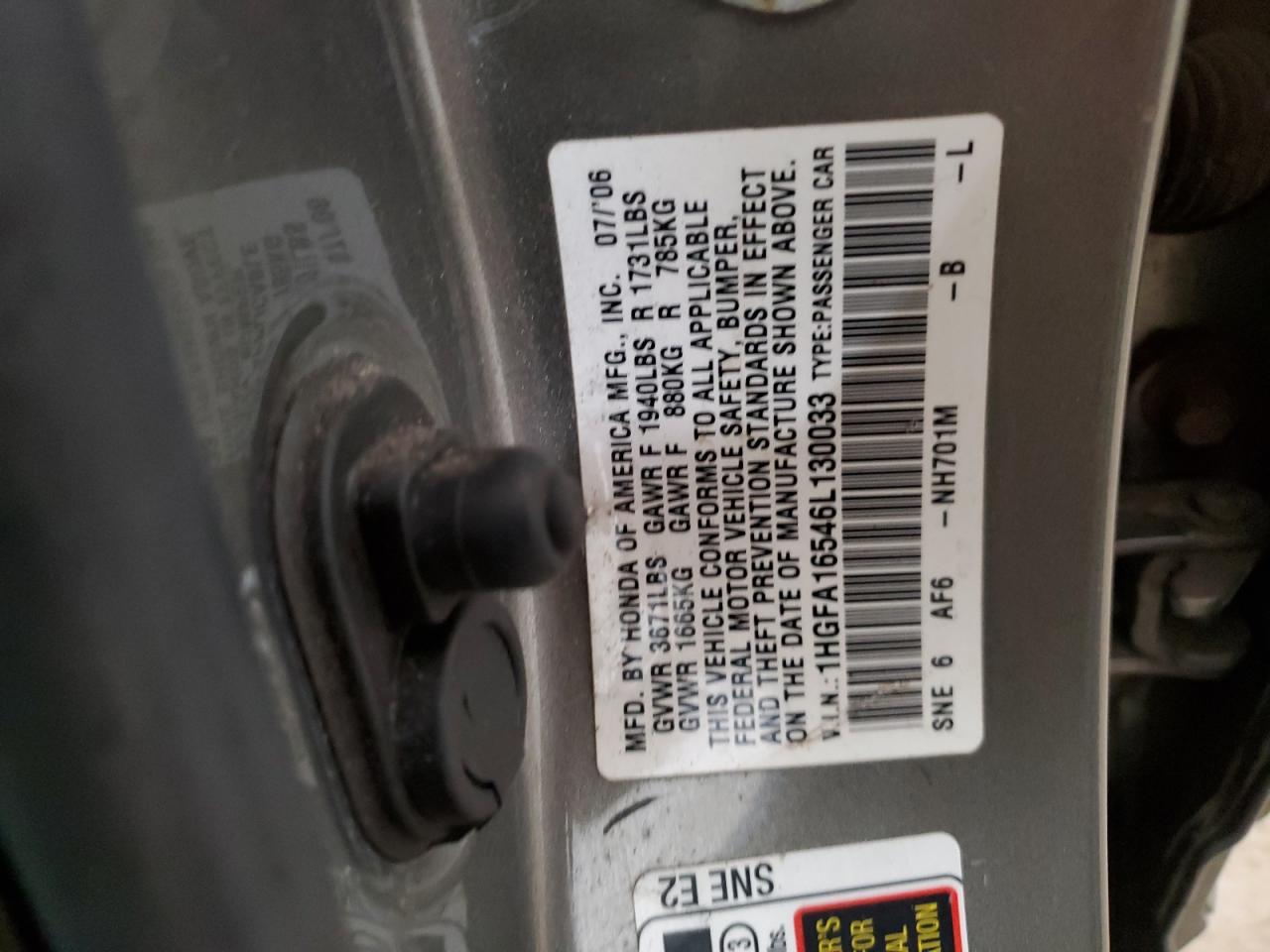 2006 Honda Civic VIN 1HGFA16546L130033 Copart auction photo, hail / minor dent/scratches damage thumbnail 12