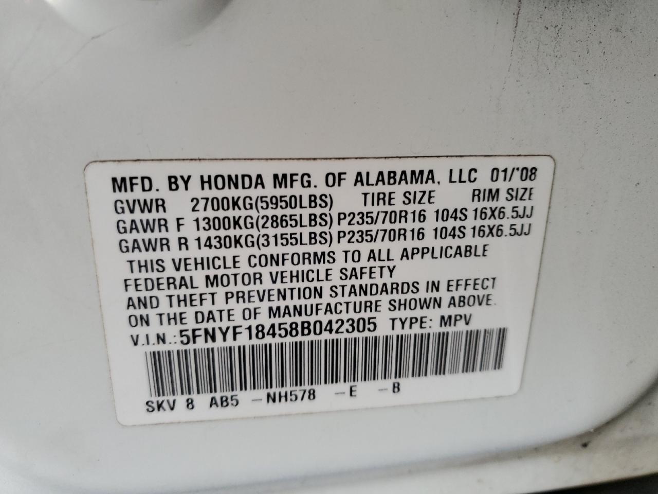 2008 Honda Pilot VIN 5FNYF18458B042305 Copart auction photo, front end / side damage thumbnail 13