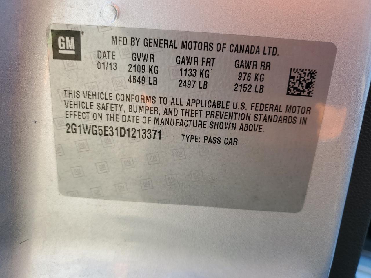 2013 Chevrolet Impala VIN 2G1WG5E31D1213371 Copart auction photo, rear end damage thumbnail 12
