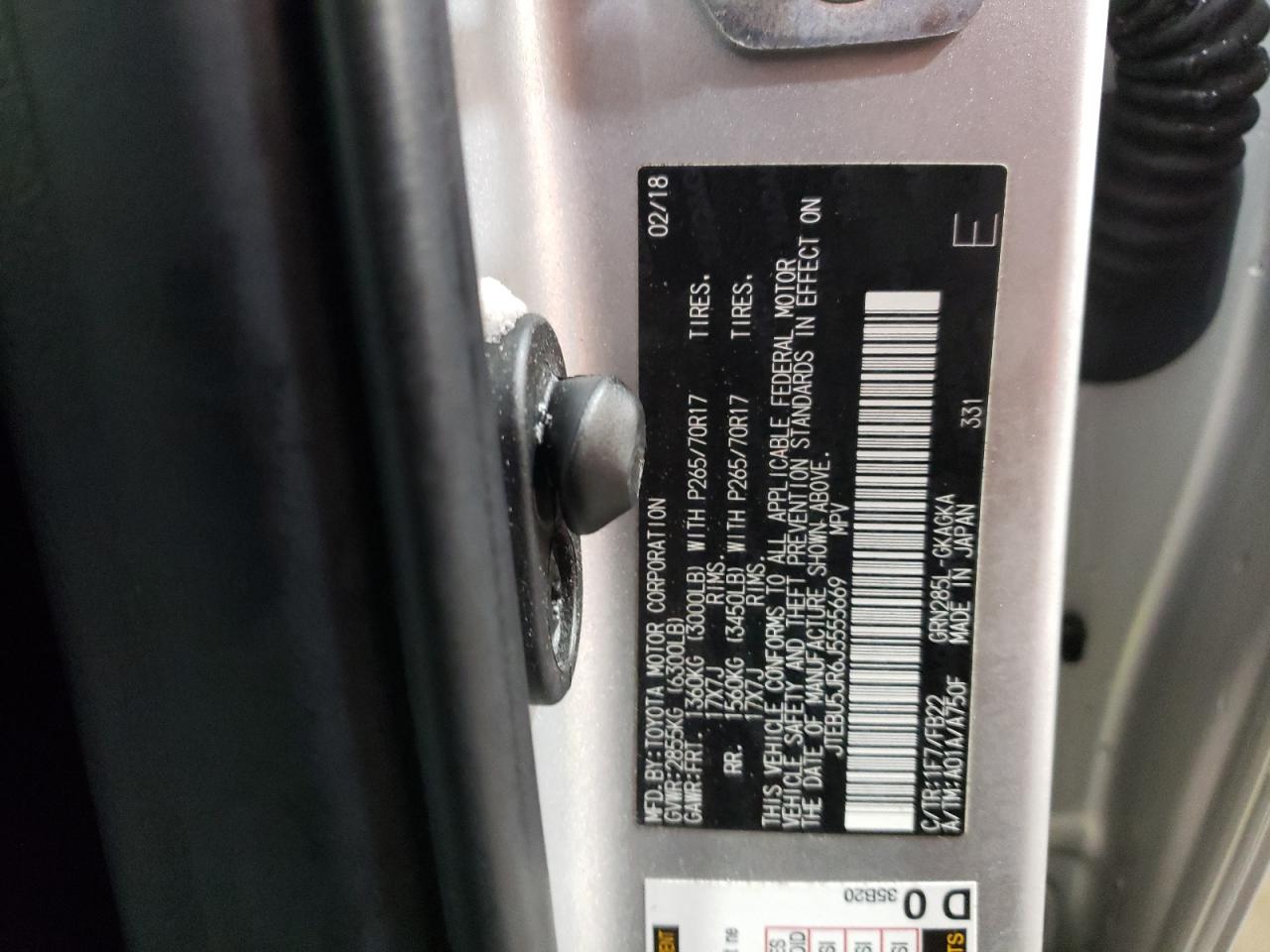 2018 Toyota 4Runner VIN JTEBU5JR6J5555669 Copart auction photo, rear end / front end damage thumbnail 12