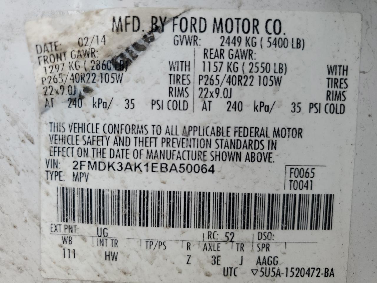 2014 Ford Edge VIN 2FMDK3AK1EBA50064 Copart auction photo, side / front end damage thumbnail 13