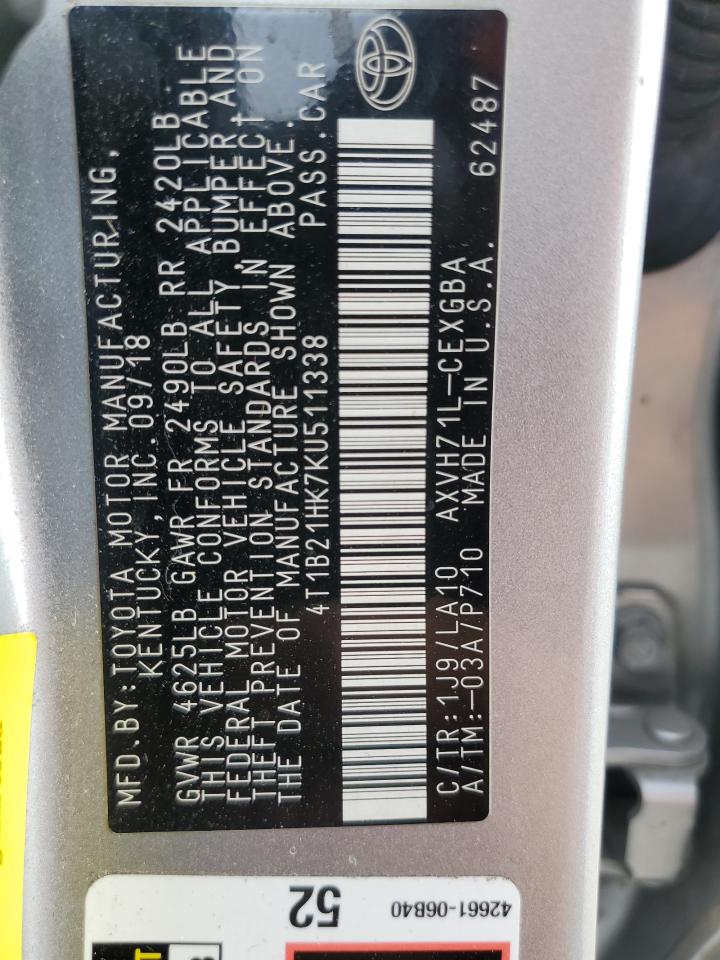 2019 Toyota Camry VIN 4T1B21HK7KU511338 Copart auction photo, all over damage thumbnail 12