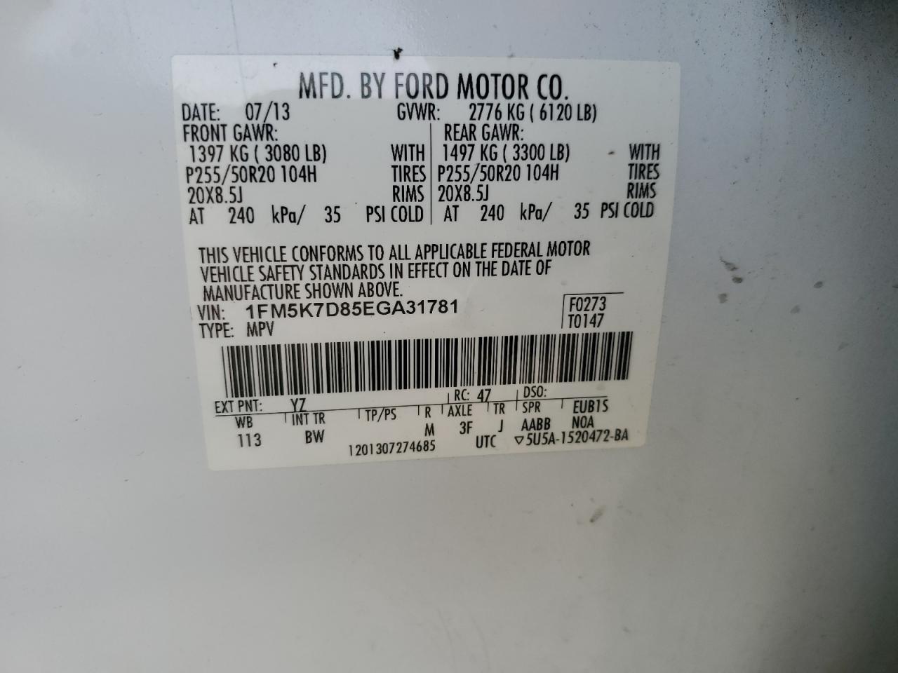 2014 Ford Explorer VIN 1FM5K7D85EGA31781 Copart auction photo, front end damage thumbnail 15