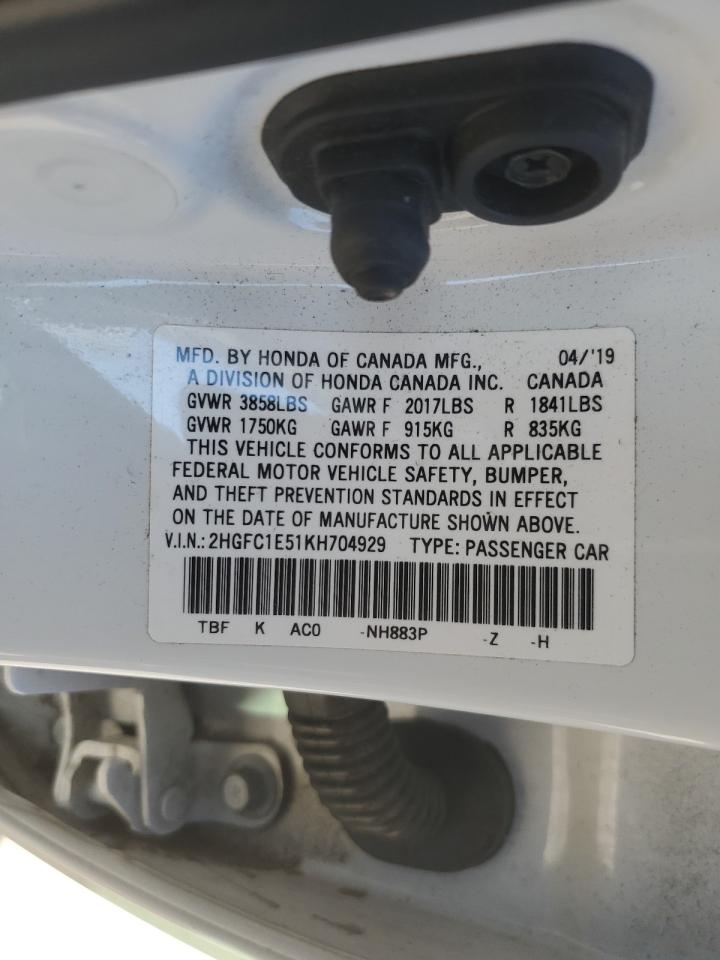 2019 Honda Civic VIN 2HGFC1E51KH704929 Copart auction photo, undercarriage / front end damage thumbnail 13