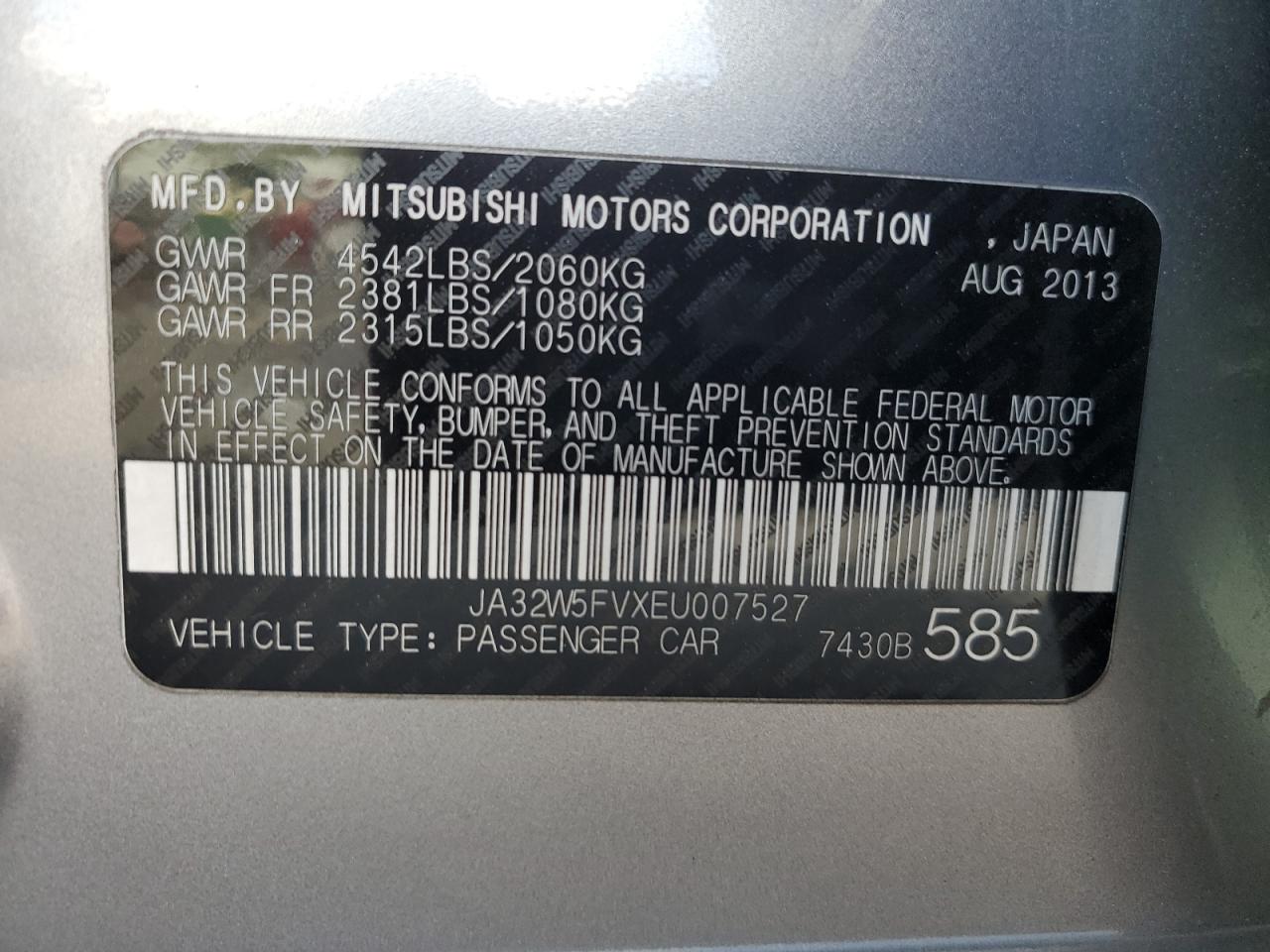 2014 Mitsubishi Lancer Evolution VIN JA32W5FVXEU007527 Copart auction photo, front end damage thumbnail 12