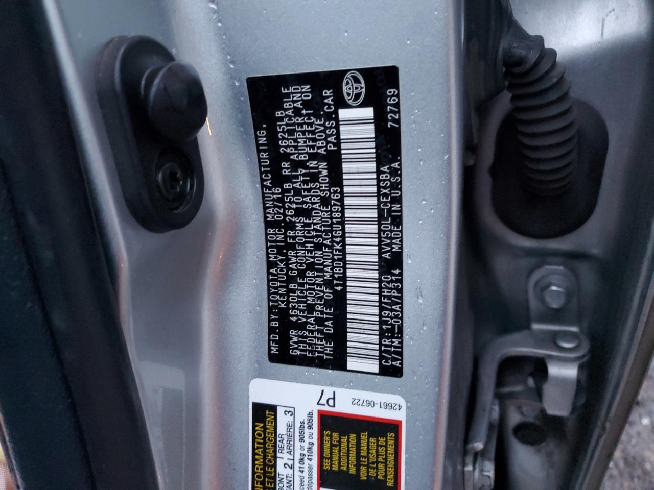 2016 Toyota Camry VIN 4T1BD1FK4GU189763 Copart auction photo, front end damage thumbnail 14
