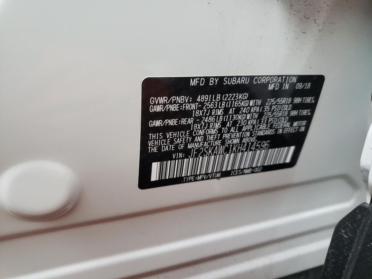 2019 Subaru Forester VIN JF2SKAWC1KH414596 Copart auction photo, front end damage thumbnail 15