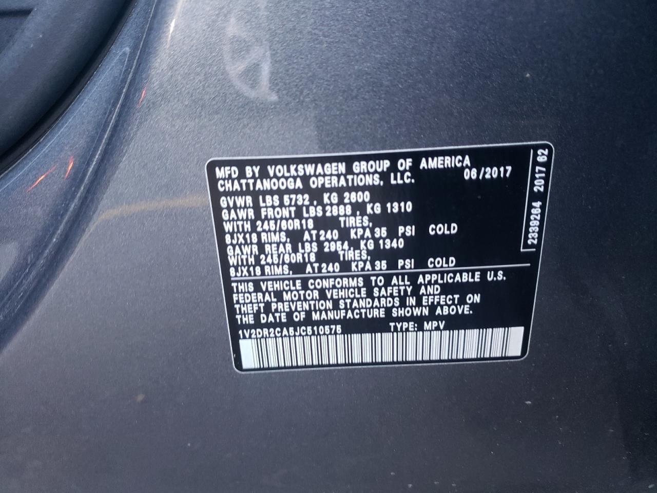 2018 Volkswagen Atlas VIN 1V2DR2CA5JC510575 Copart auction photo, front end damage thumbnail 12