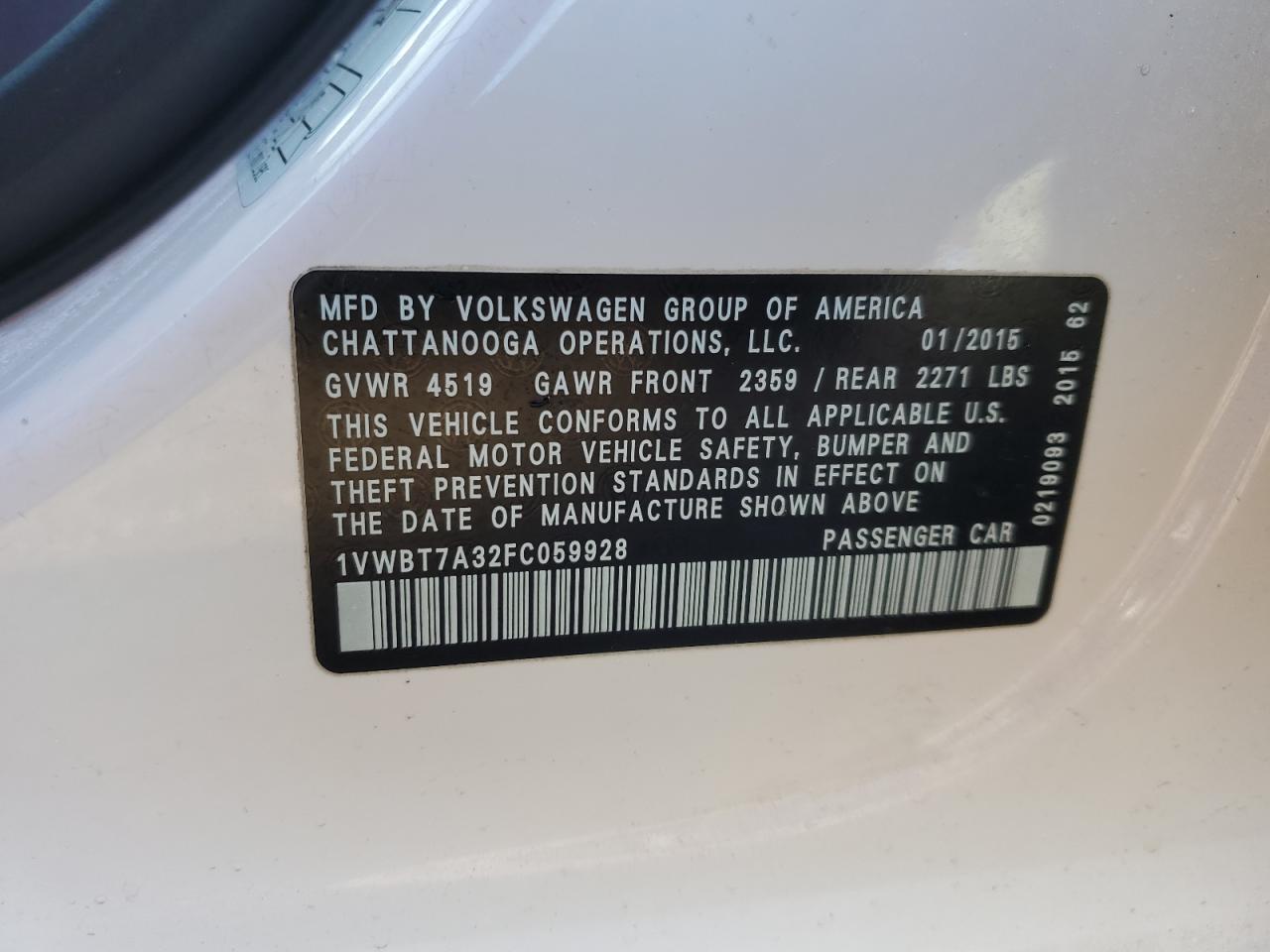 2015 Volkswagen Passat VIN 1VWBT7A32FC059928 Copart auction photo, front end damage thumbnail 12