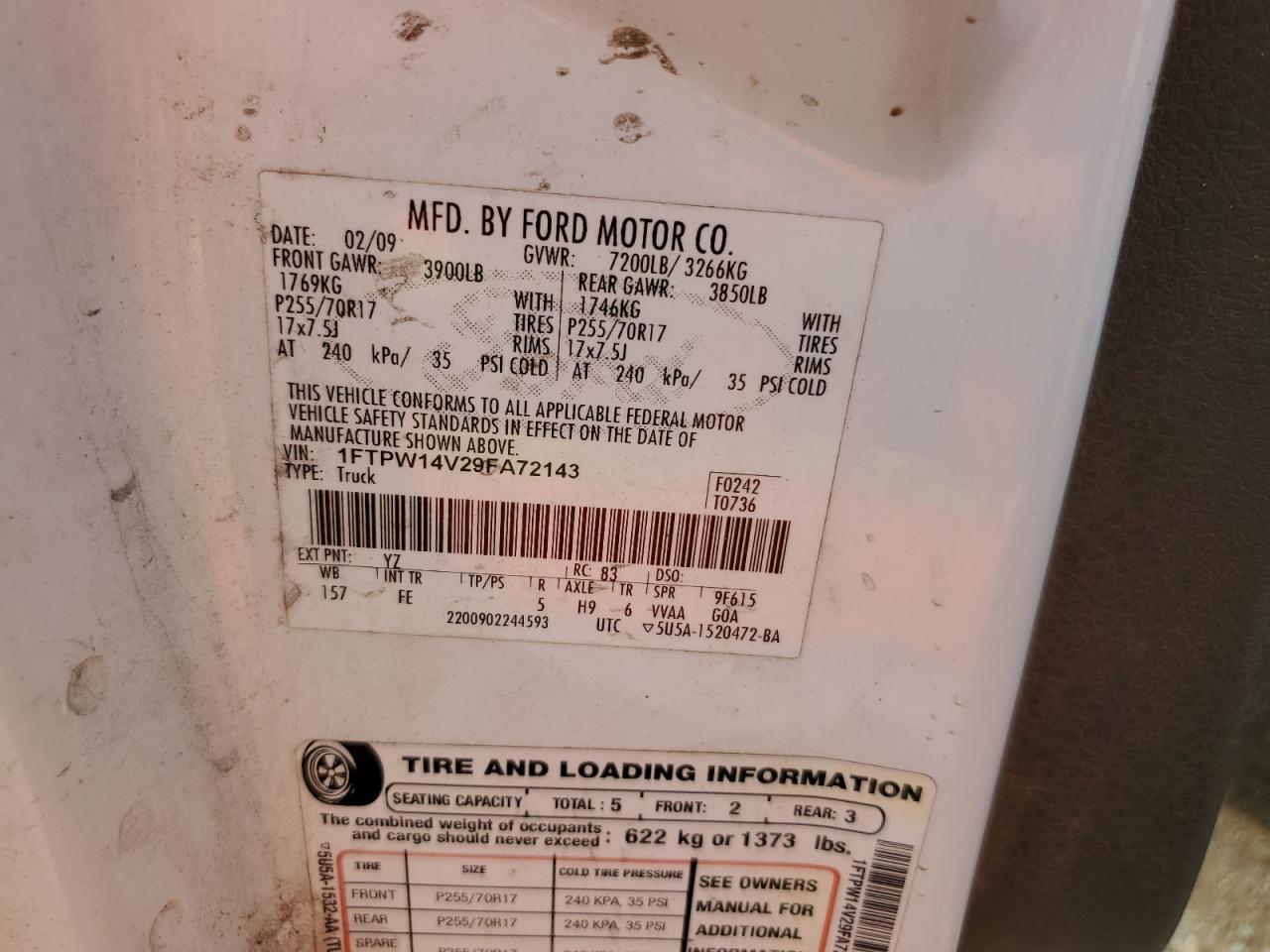 2009 Ford F-150 VIN 1FTPW14V29FA72143 Copart auction photo, all over damage thumbnail 12