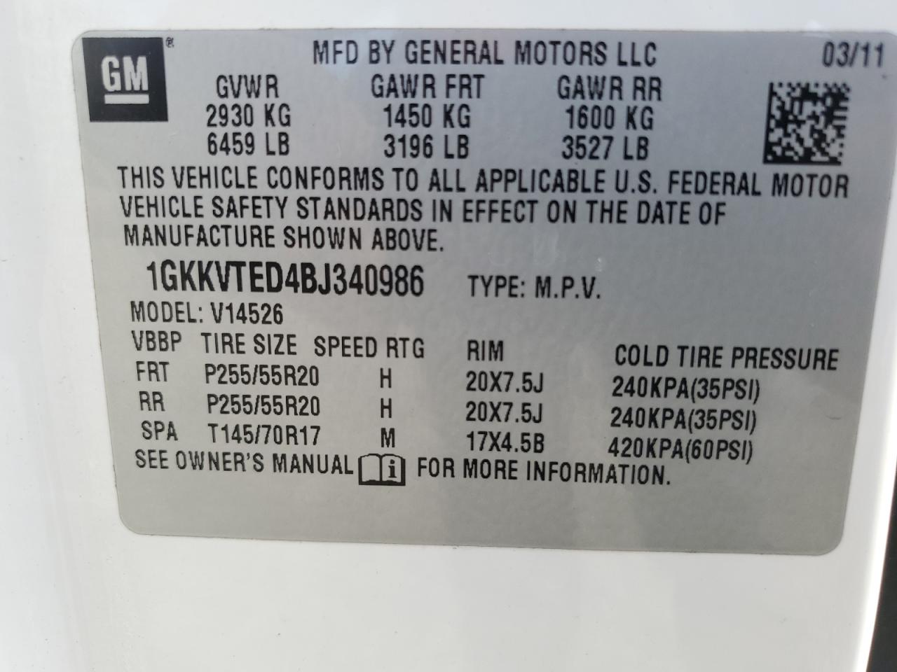 2011 GMC Acadia VIN 1GKKVTED4BJ340986 Copart auction photo, mechanical damage thumbnail 13