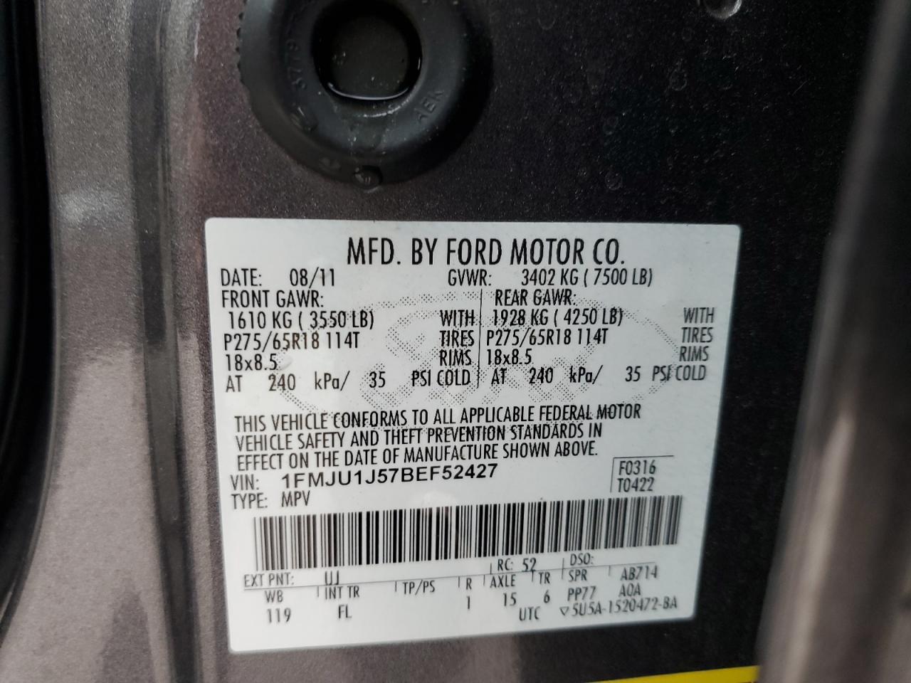 2011 Ford Expedition VIN 1FMJU1J57BEF52427 Copart auction photo, front end / side damage thumbnail 13