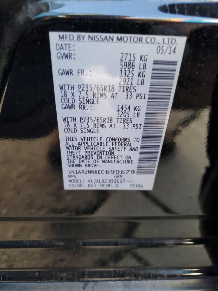 2014 Nissan Pathfinder VIN 5N1AR2MN8EC699679 Copart auction photo, side / front end damage thumbnail 13