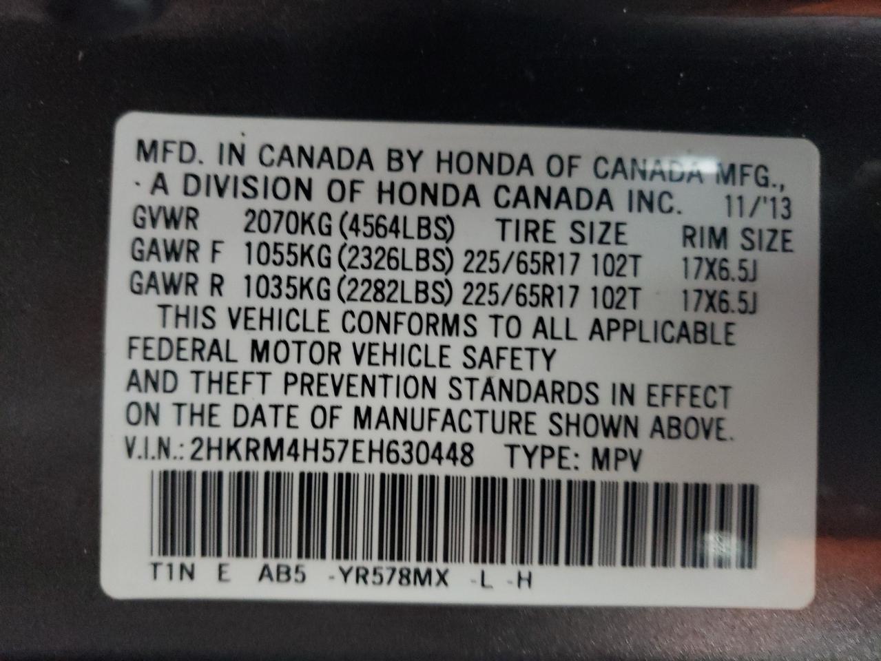 2014 Honda CR-V VIN 2HKRM4H57EH630448 Copart auction photo, hail / side damage thumbnail 13