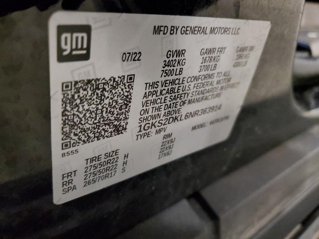 2022 GMC Yukon VIN 1GKS2DKL6NR363914 Copart auction photo, front end damage thumbnail 14
