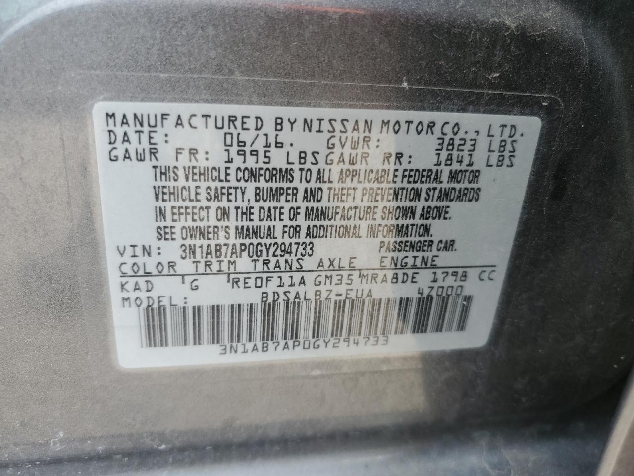 2016 Nissan Sentra VIN 3N1AB7AP0GY294733 Copart auction photo, side / undercarriage damage thumbnail 14