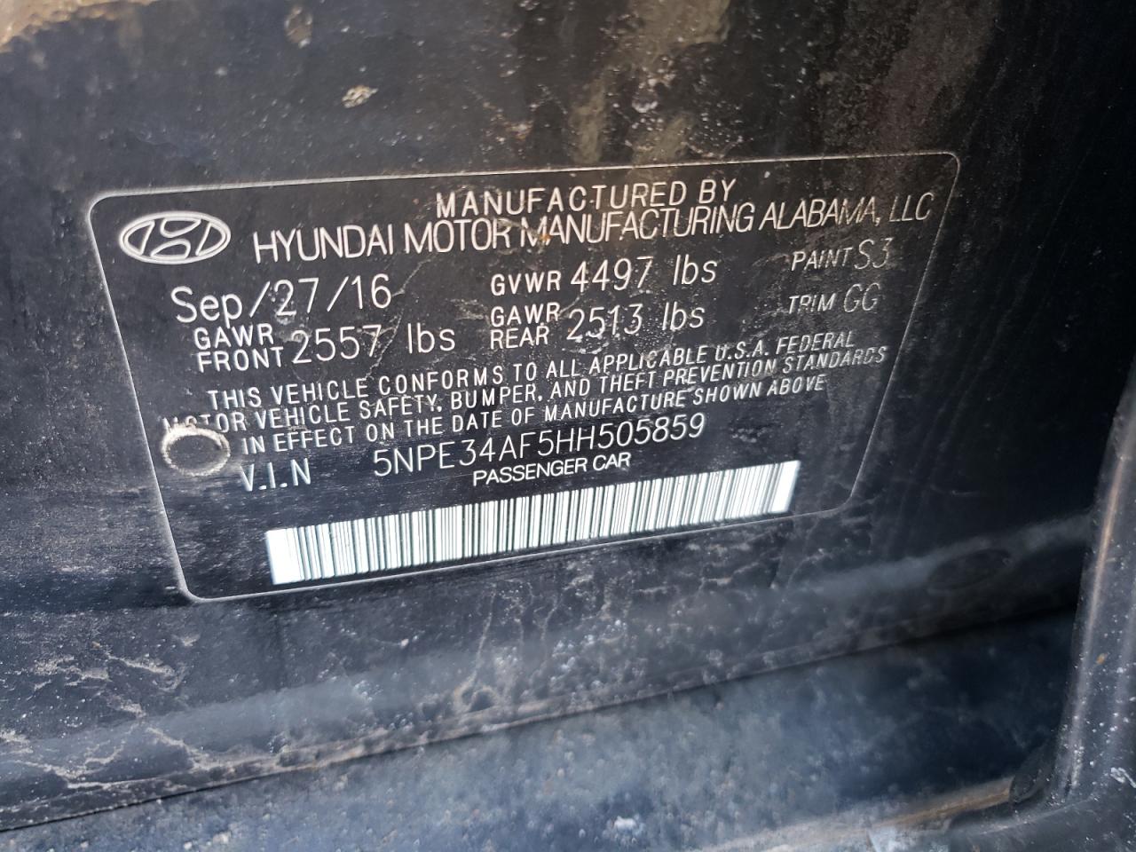 2017 Hyundai Sonata VIN 5NPE34AF5HH505859 Copart auction photo, front end damage thumbnail 13
