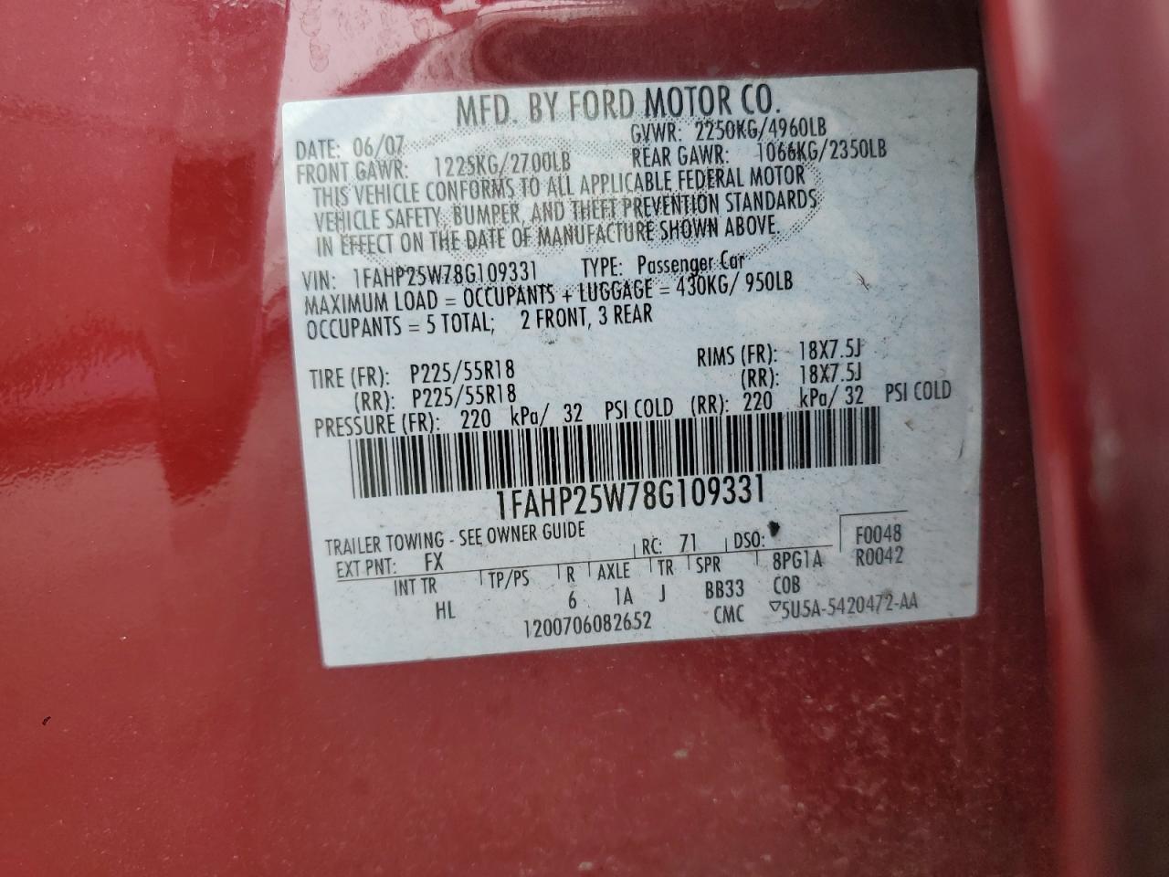 2008 Ford Taurus VIN 1FAHP25W78G109331 Copart auction photo, front end damage thumbnail 12