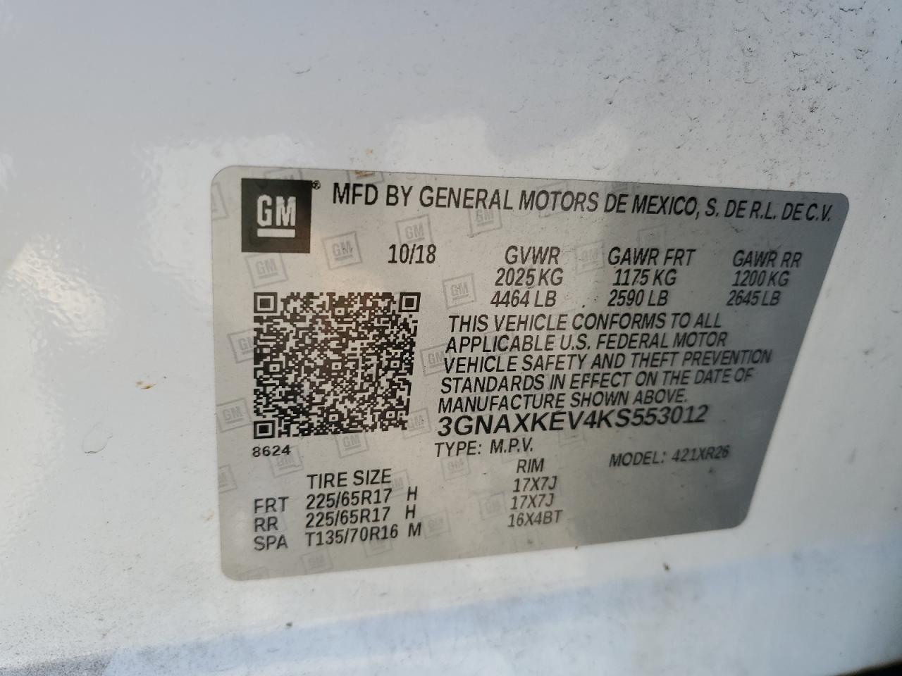 2019 Chevrolet Equinox VIN 3GNAXKEV4KS553012 Copart auction photo, front end damage thumbnail 13