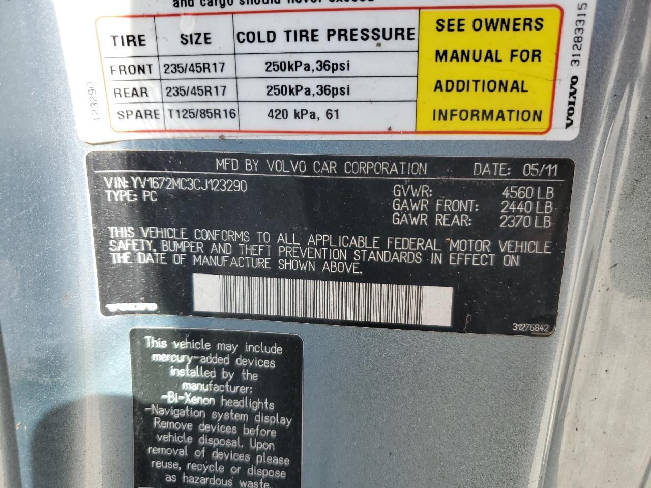 2012 Volvo C70 VIN YV1672MC3CJ123290 Copart auction photo, water/flood damage thumbnail 13