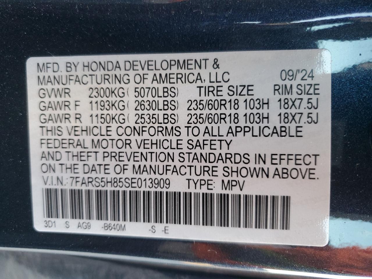 2025 Honda CR-V VIN 7FARS5H85SE013909 Copart auction photo, front end damage thumbnail 16