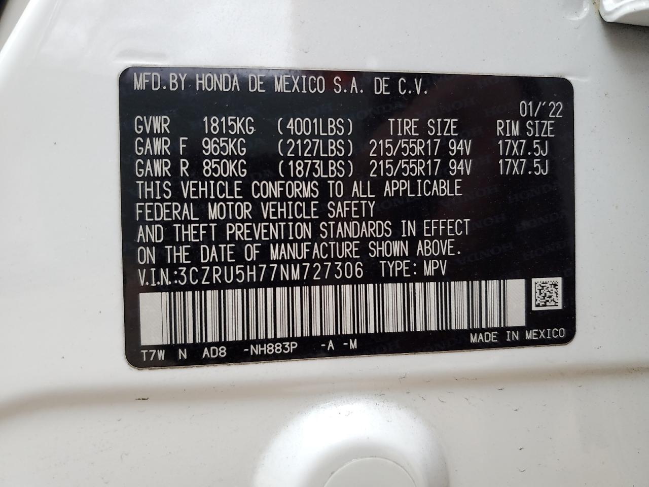 2022 Honda HR-V VIN 3CZRU5H77NM727306 Copart auction photo, rear end / minor dent/scratches damage thumbnail 14
