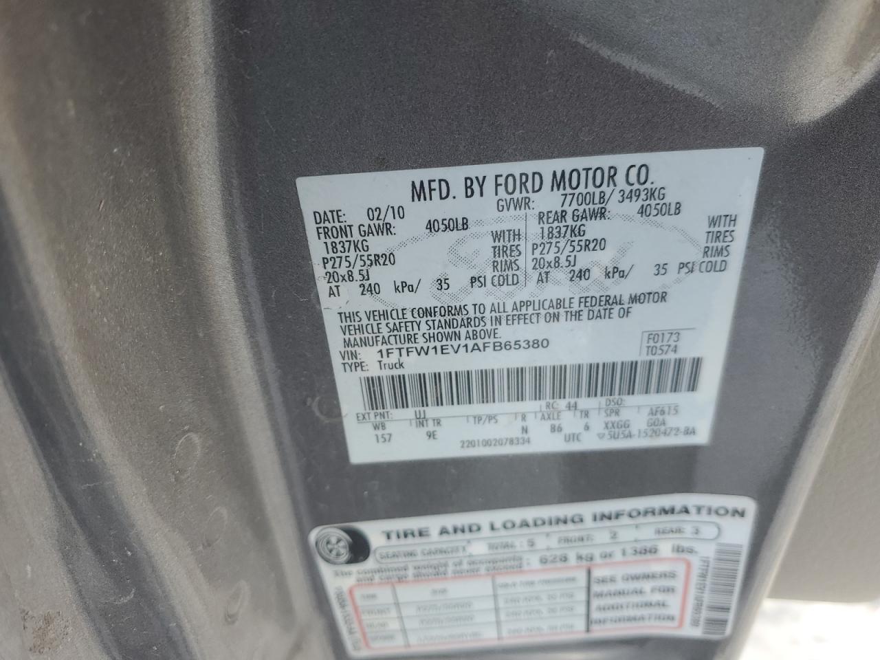2010 Ford F-150 VIN 1FTFW1EV1AFB65380 Copart auction photo, front end / side damage thumbnail 12