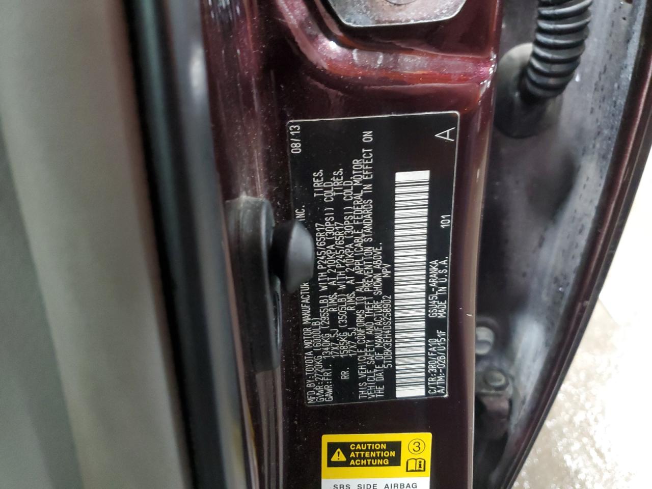 2013 Toyota Highlander VIN 5TDBK3EH4DS258902 Copart auction photo, front end damage thumbnail 14