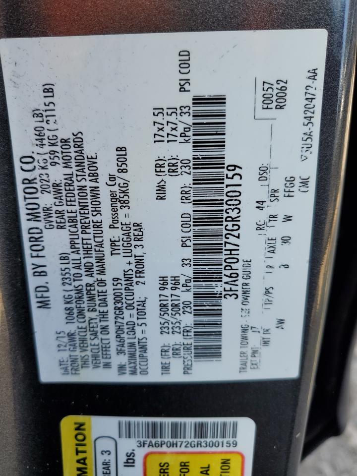 2016 Ford Fusion VIN 3FA6P0H72GR300159 Copart auction photo, rear end damage thumbnail 13