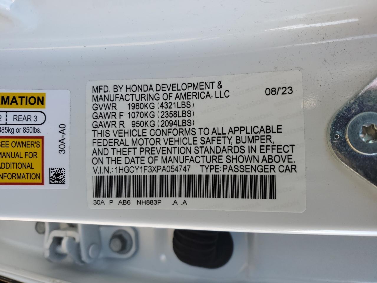 2023 Honda Accord VIN 1HGCY1F3XPA054747 Copart auction photo, front end / minor dent/scratches damage thumbnail 14