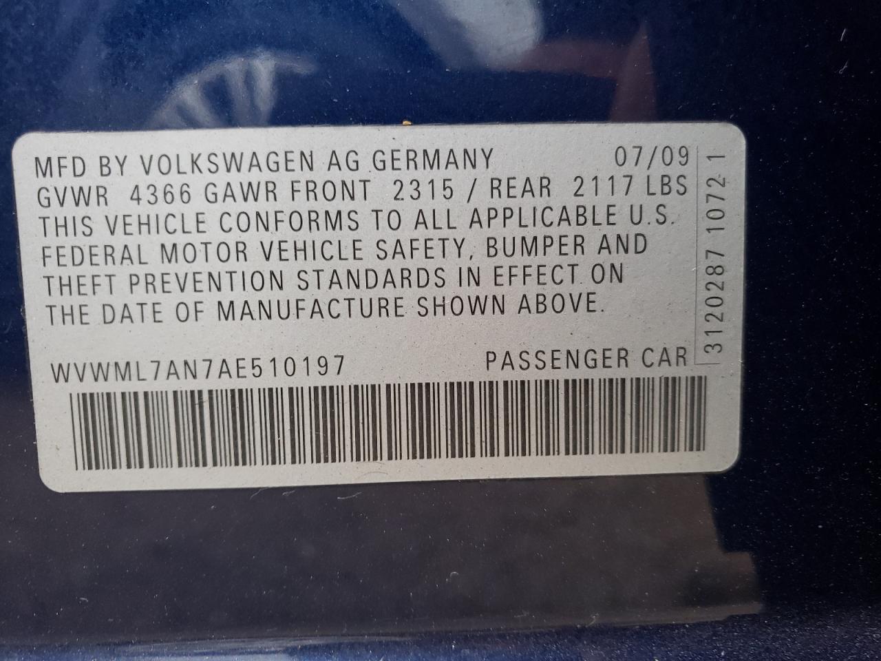 2010 Volkswagen Passat CC VIN WVWML7AN7AE510197 Copart auction photo, side / minor dent/scratches damage thumbnail 14