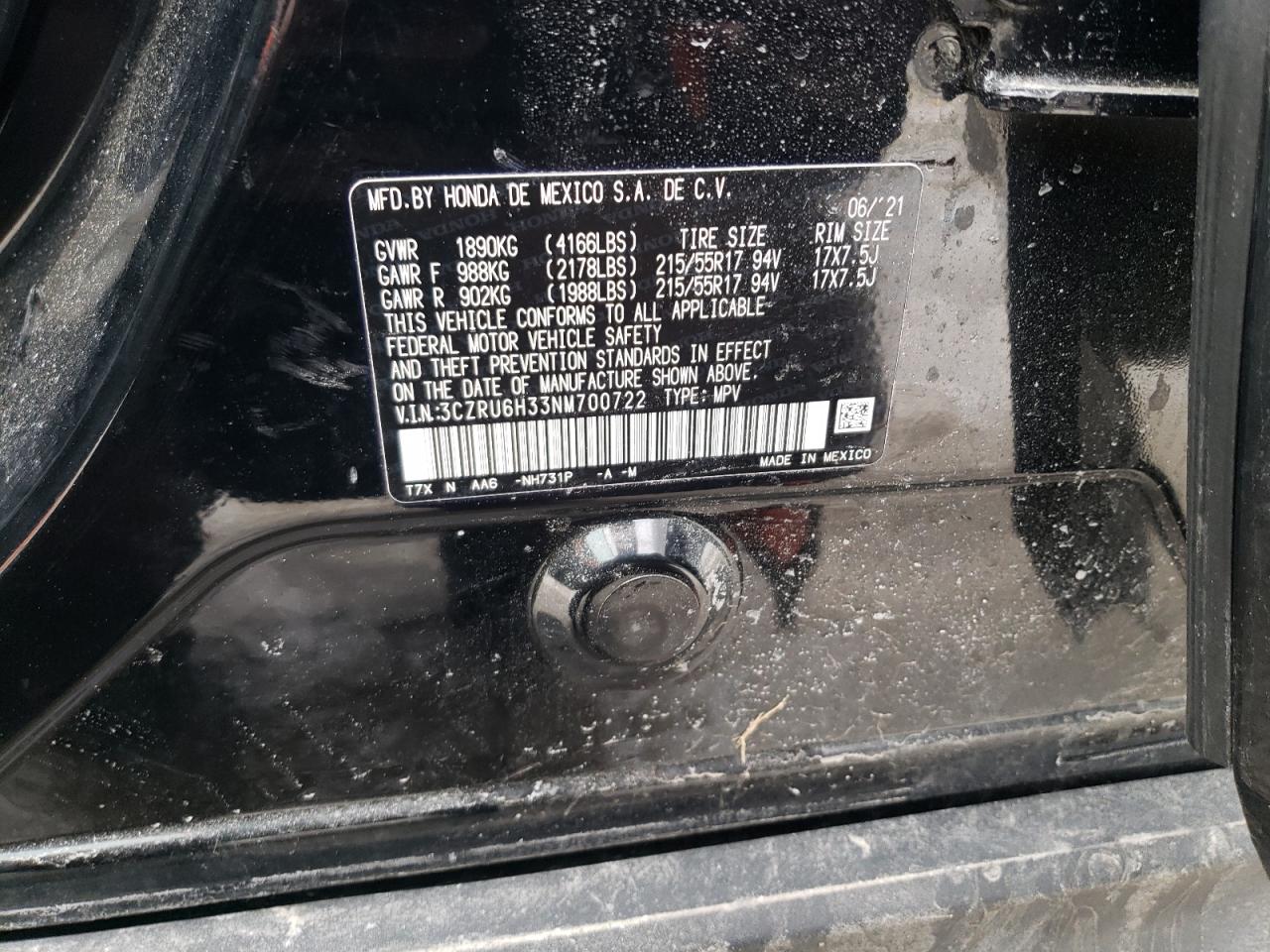 2022 Honda HR-V VIN 3CZRU6H33NM700722 Copart auction photo, front end damage thumbnail 15