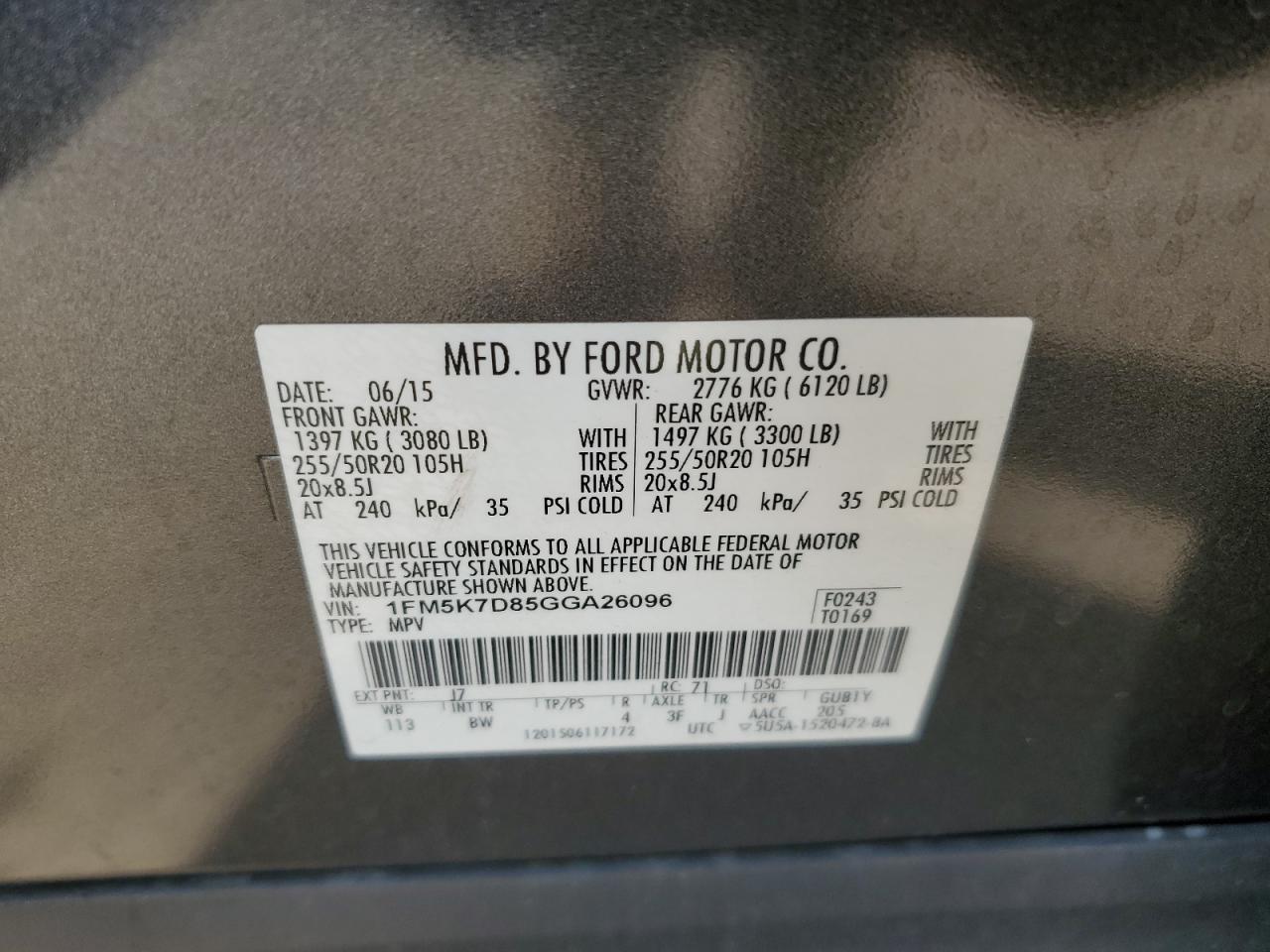 2016 Ford Explorer VIN 1FM5K7D85GGA26096 Copart auction photo, front end / side damage thumbnail 15