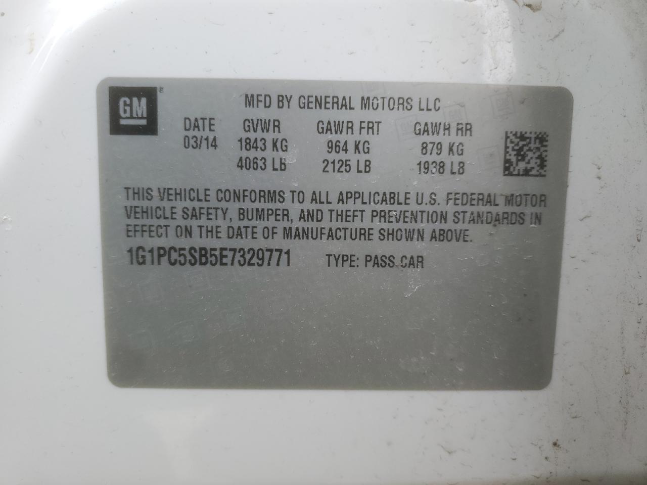 2014 Chevrolet Cruze VIN 1G1PC5SB5E7329771 Copart auction photo, front end / undercarriage damage thumbnail 14