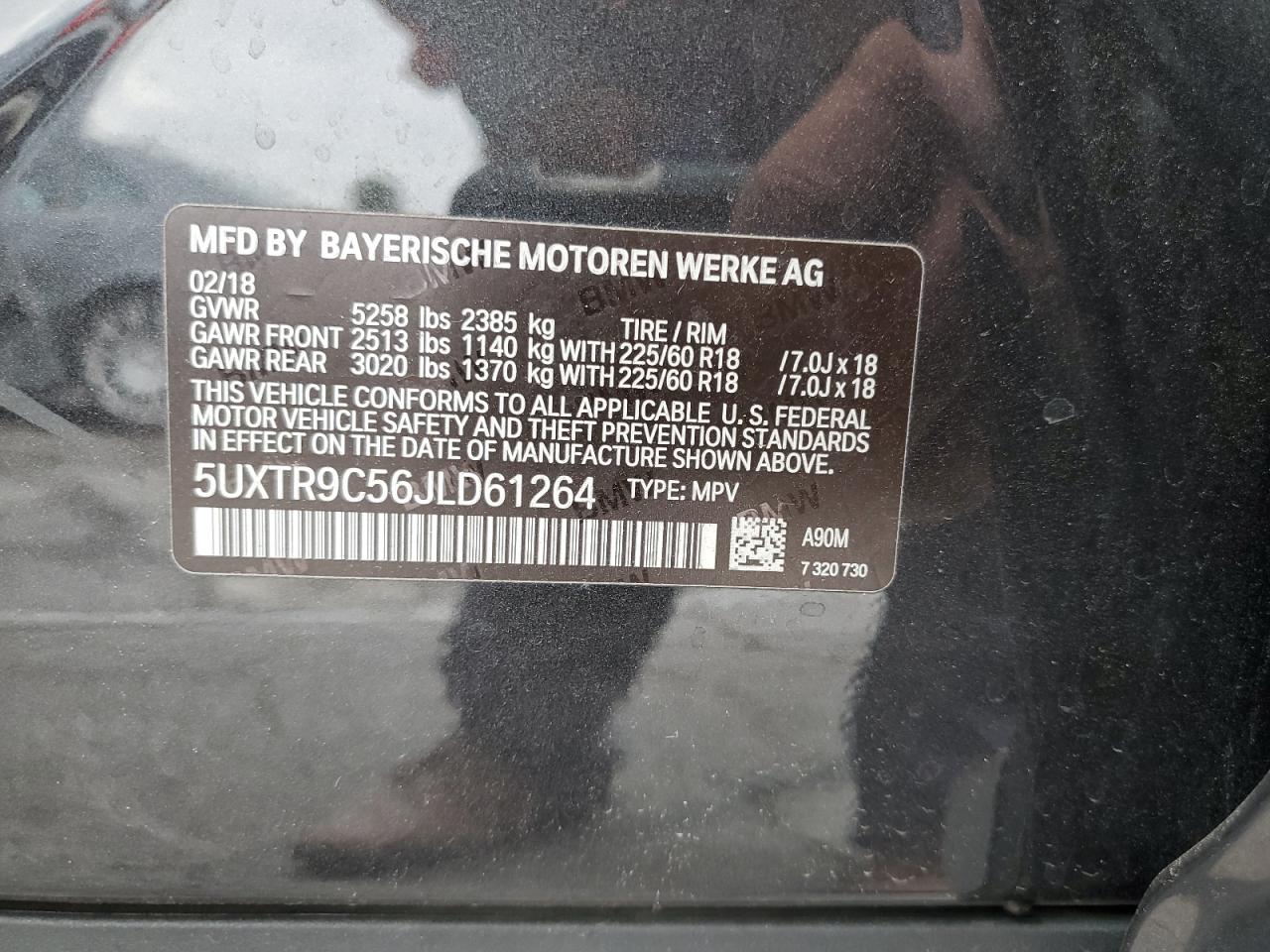 2018 BMW X3 VIN 5UXTR9C56JLD61264 Copart auction photo, front end damage thumbnail 15