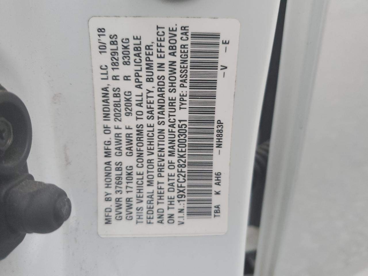 2019 Honda Civic VIN 19XFC2F82KE003051 Copart auction photo, front end damage thumbnail 14