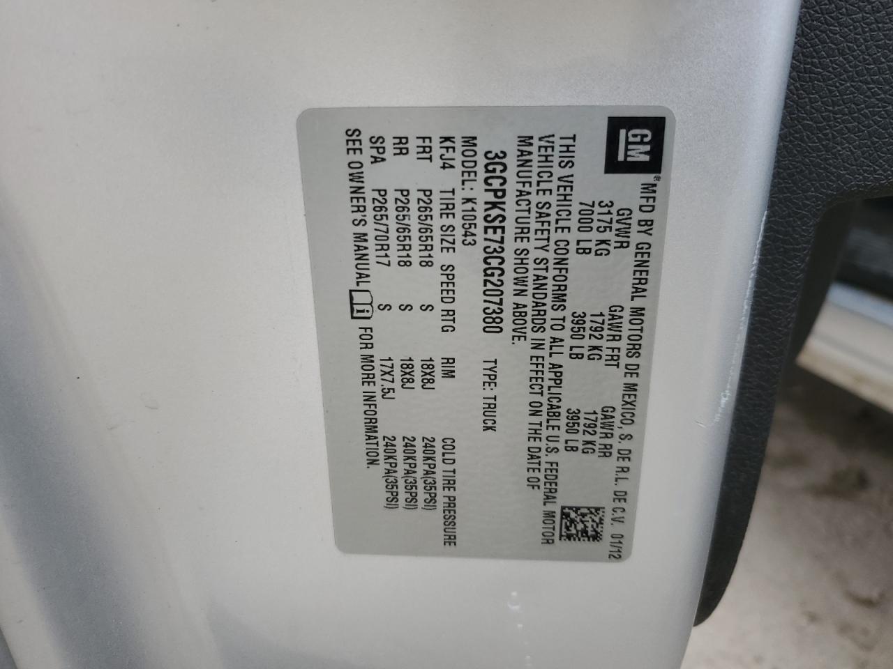 2012 Chevrolet Silverado VIN 3GCPKSE73CG207380 Copart auction photo, rear end / minor dent/scratches damage thumbnail 12