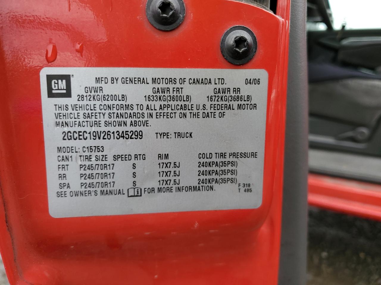 2006 Chevrolet Silverado VIN 2GCEC19V261345299 Copart auction photo, front end / side damage thumbnail 13