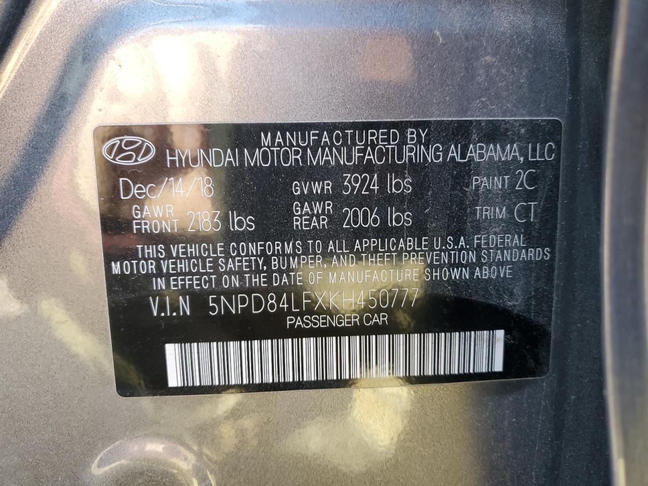 2019 Hyundai Elantra VIN 5NPD84LFXKH450777 Copart auction photo, front end / side damage thumbnail 15