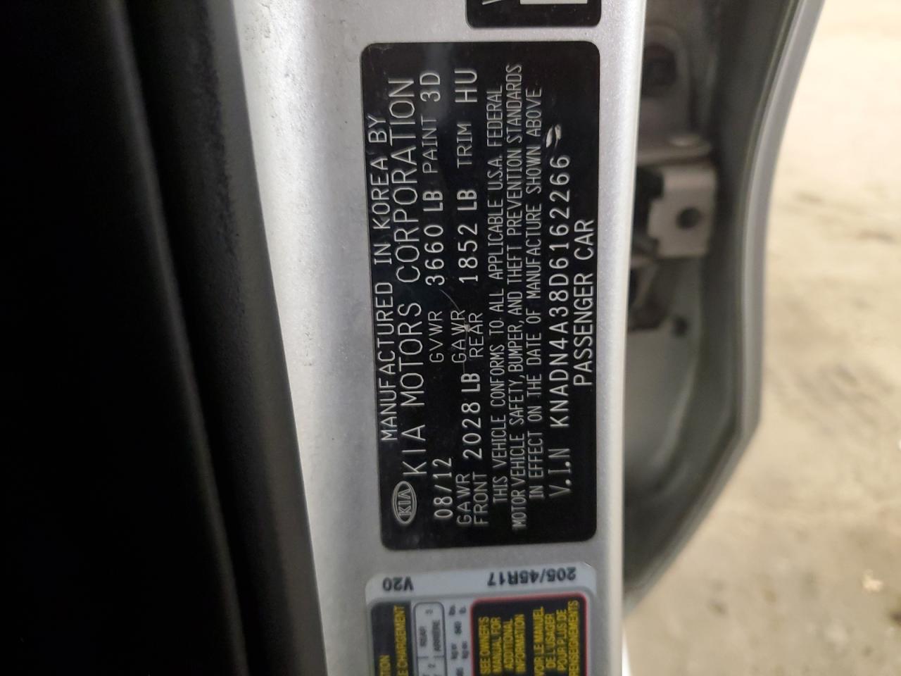 2013 KIA Rio VIN KNADN4A38D6162266 Copart auction photo, front end damage thumbnail 12