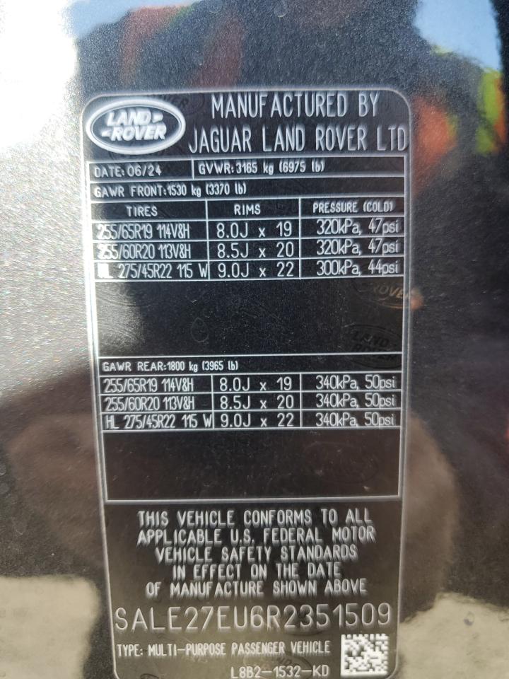 2024 Land Rover Defender VIN SALE27EU6R2351509 Copart auction photo, rear end damage thumbnail 14