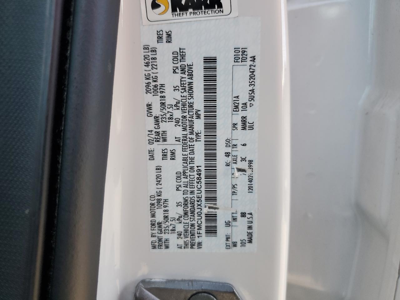 2014 Ford Escape VIN 1FMCU0JX5EUC58491 Copart auction photo, front end / mechanical damage thumbnail 13