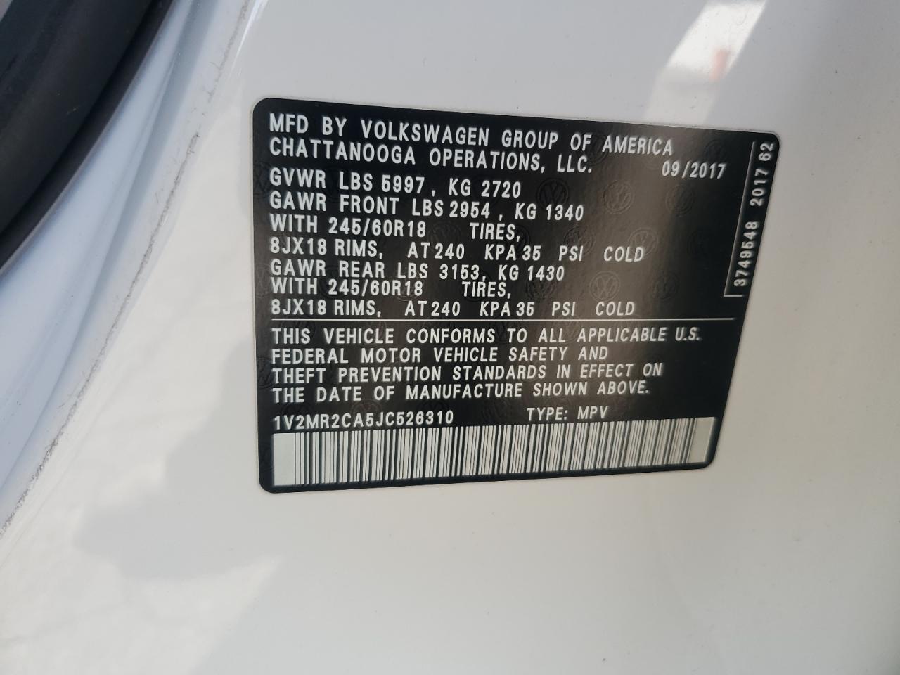 2018 Volkswagen Atlas VIN 1V2MR2CA5JC526310 Copart auction photo, front end / rear end damage thumbnail 14