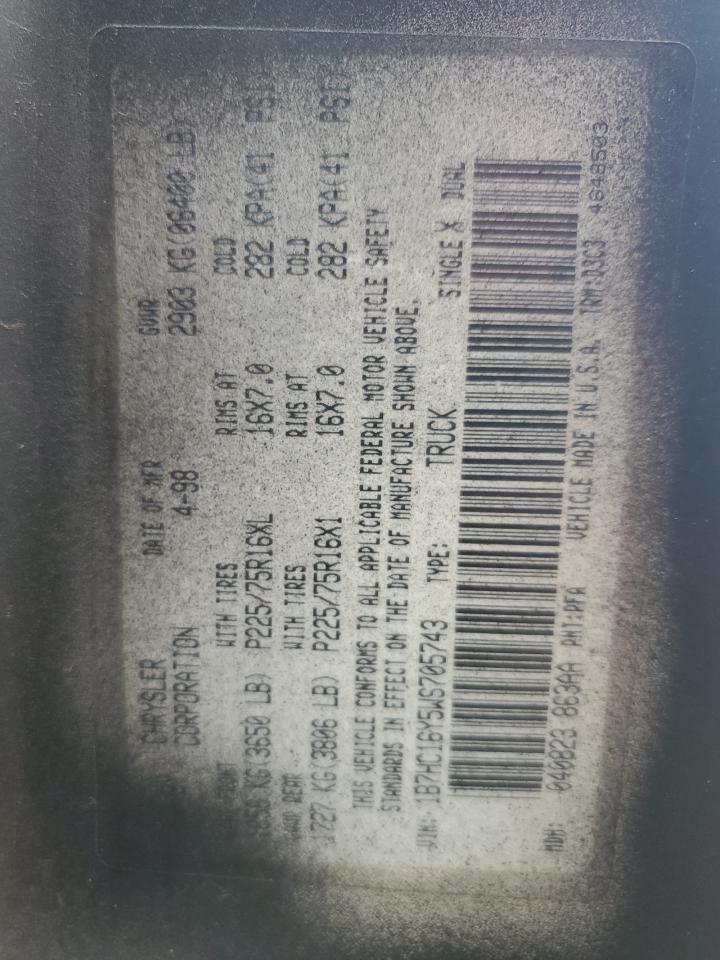 1998 Dodge RAM VIN 1B7HC16Y5WS705743 Copart auction photo, front end damage thumbnail 14
