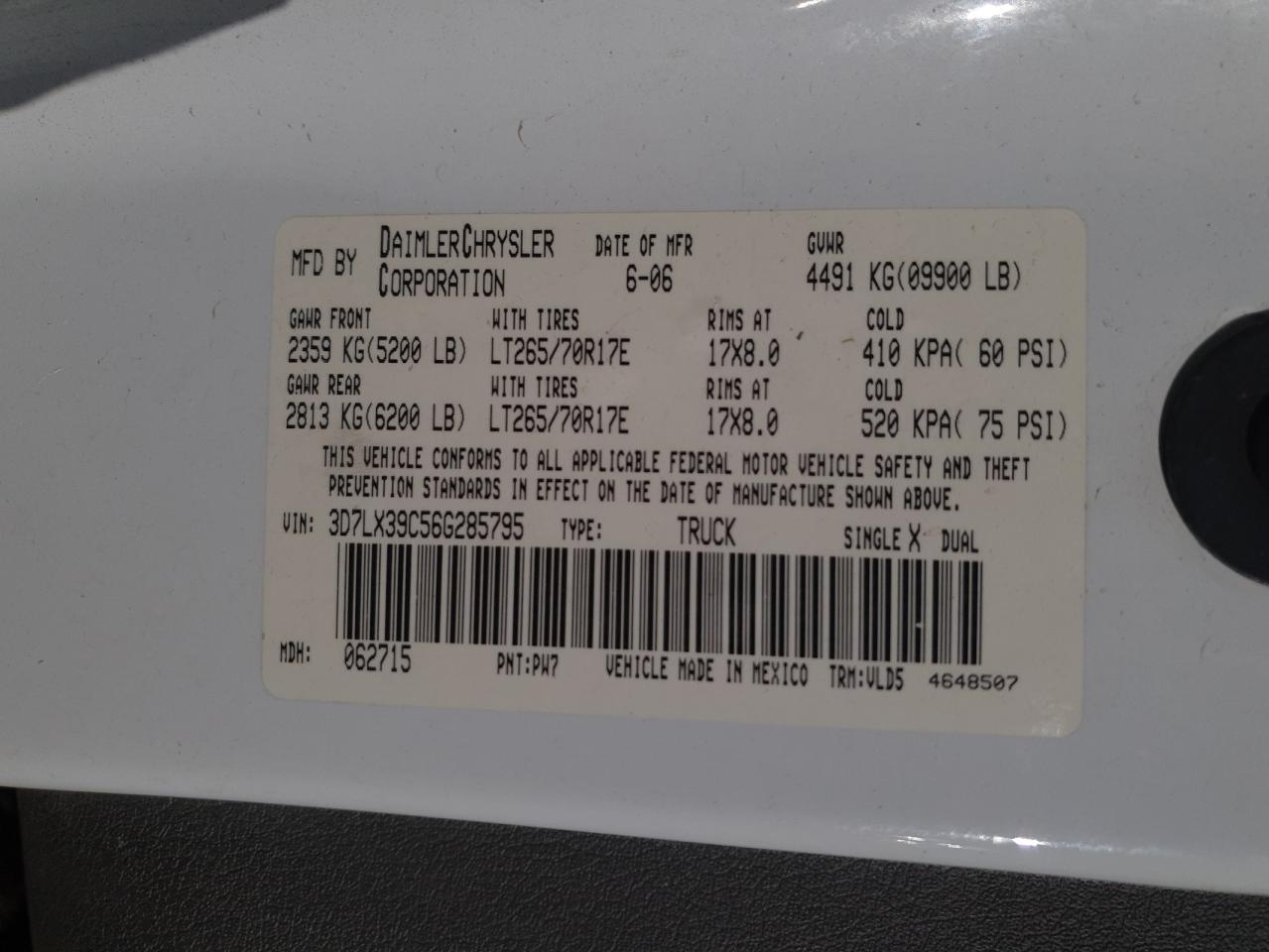 2006 Dodge RAM VIN 3D7LX39C56G285795 Copart auction photo, burn - engine / undercarriage damage thumbnail 14