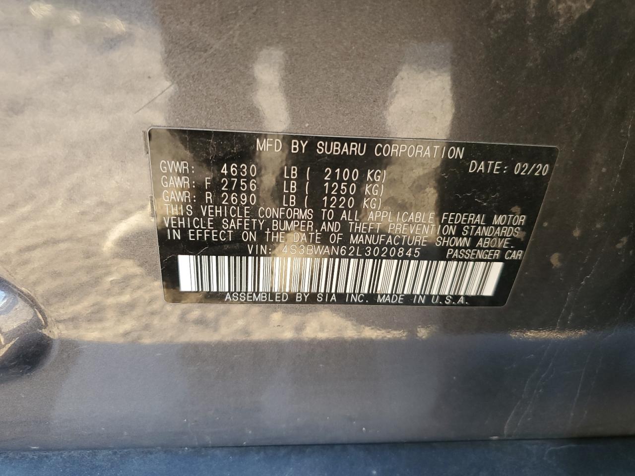 2020 Subaru Legacy VIN 4S3BWAN62L3020845 Copart auction photo, front end damage thumbnail 12